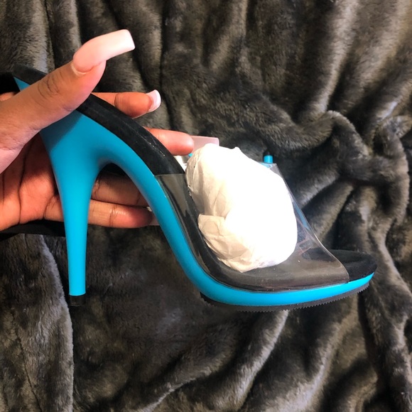 Yandy 5” UV Reactive Slide Neon Baby Blue Heels - Picture 4 of 8